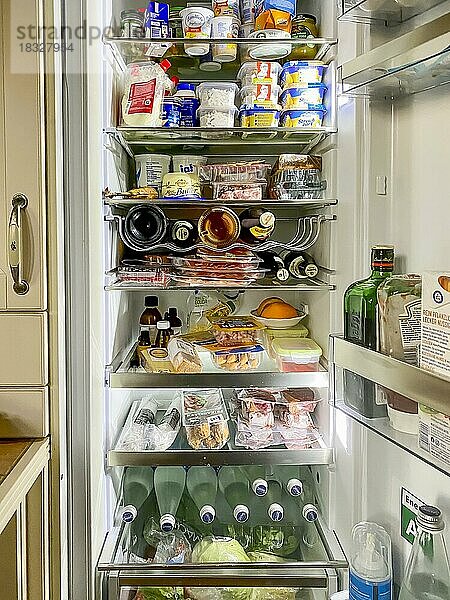 Kühlschrank  gut gefüllter Kühlschrank mit Lebensmitteln  Notvorrat  Hessen  Deutschland  Europa