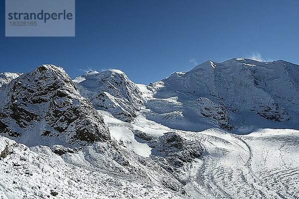 Bergpanorama auf der Diavolezza  Blick auf die Berninagruppe  Piz Palü  Bellavista  Morteratschgletscher  Engadin  Schweiz  Europa