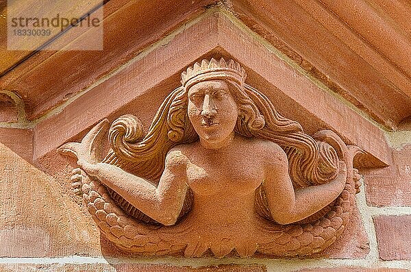 Tragendes und verzierendes Architektur-Detail in Form einer barbusigen Nixe am südöstlichen Eckerker des Neuen Rathauses am Rathausplatz Freiburg im Breisgau  Baden-Württemberg  Deutschland  Europa