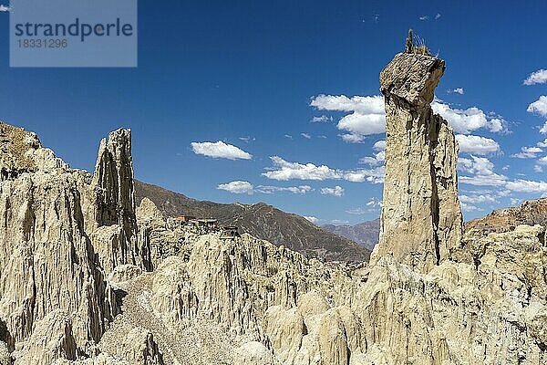 Erdpyramiden mit Felsen auf der Spitze  Demoiselles Coiffées genannt  precariously balanced rocks im Valle de la Luna  Mondtal durch Erosion gebildet  auch Killa Qhichwa  La Paz  Bolivien  Südamerika