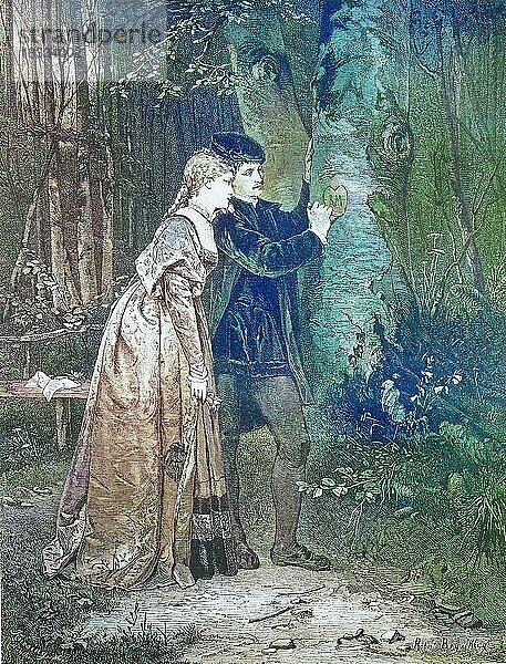 Verliebtes Paar im Wald ritzt ein Herz in einen Baumstamm  um 1875  Historisch  digital resturierte Reproduktion einer Vorlage aus dem 19. Jahrhundert