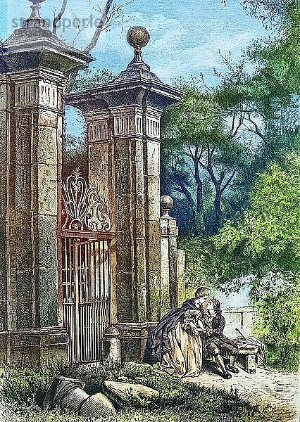 Liebespaar vor der Pforte zu einem Park  1880  England  Historisch  digital resturierte Reproduktion einer Vorlage aus dem 19. Jahrhundert
