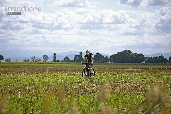 Mann  36  mit E-Bike auf der Ciclovia del Sol  Teil der Eurovelo 7  Enilia Romagna  Italien  Europa