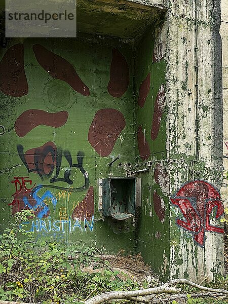Detail von einem mit Graffiti bemalten verschlossenen Eingang zu einem ehemaligen Raketenbunker auf dem Großen Seeberg in Seebergen bei Gotha  wo sich zu DDR-Zeiten ein Raketenstützpunkt der NVA befand  Drei Gleichen  Thüringen  Deutschland  Europa
