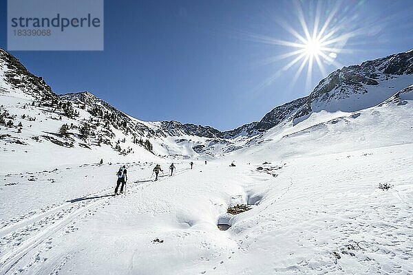 Gruppe von Skitourengehern beim Aufstieg im Schartlestal  Aufstieg zum Kreuzjoch  Sonnenstern  Kühtai  Stubaier Alpen  Tirol  Österreich  Europa