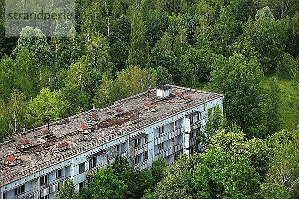 Sperrzone  Wohnblock in der verlassenen Stadt Pripjat  in der unbewohnbaren 30-Kilometer-Zone um das Kraftwerk von Tschernobyl und der Arbeitersiedlung Pripjat  Ukraine  Europa