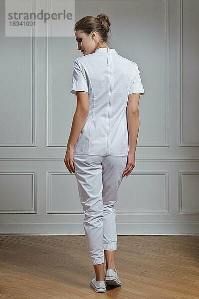 Schöne Ärztin in weißer Kleidung. Porträt einer attraktiven Ärztin in weißem Gewand