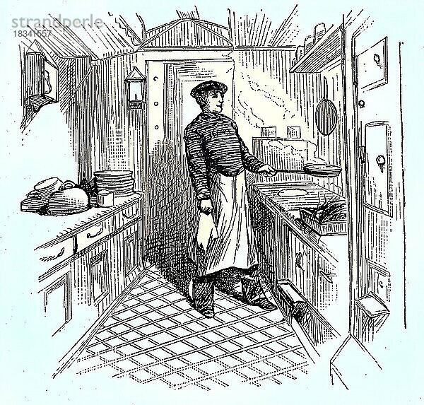 Szene auf einem englischen Auswandererschiff  um 1880  die Küche  Kombüse  Historisch  digital restaurierte Reproduktion einer Vorlage aus dem 19. Jahrhundert