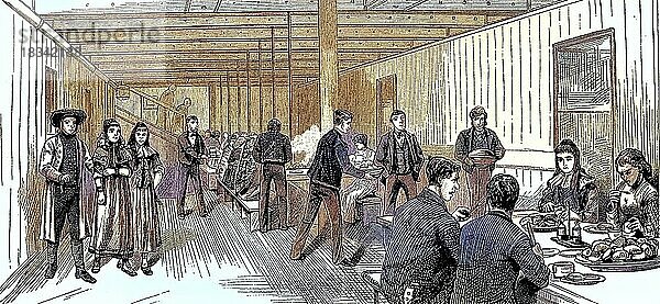 Szene auf einem englischen Auswandererschiff  um 1880  hier der Speisesaal  Historisch  digital restaurierte Reproduktion einer Vorlage aus dem 19. Jahrhundert