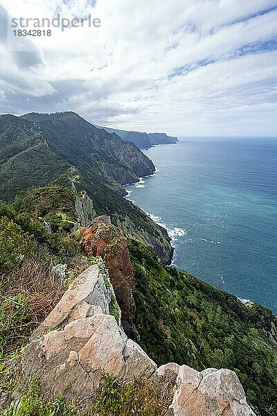 Ausblick auf mit Wald bewachsene Steilklippen und Berge  Küste und Meer  Küstenlandschaft  Wanderweg Vereda do Larano  Madeira  Portugal  Europa