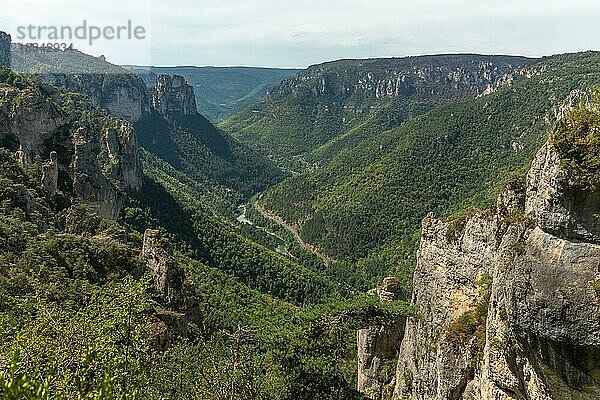 Tarn-Schluchten von einem Wanderweg auf den Corniches der Causse Mejean oberhalb der Tarn-Schluchten aus gesehen. La bourgarie  Lozere  Frankreich  Europa