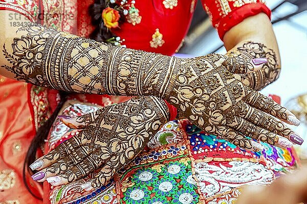 Wunderschönes Henna-Design auf der Hand einer Hindu-Braut am Vorabend ihrer Hochzeit