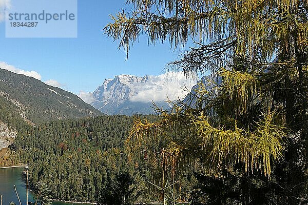 Blick auf das Zugspitzmassiv mit Blindsee im Herbst  vom Fernpaß aus gesehen  Tirol  Österreich  Europa