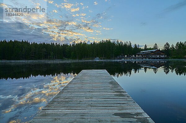 Holzsteg  Fichtelsee  Dämmerung  Frühling  Fichtelberg  Fichtelgebirge  Bayern  Deutschland  Europa