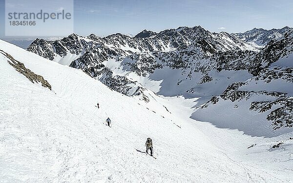 Skitourengeher beim Aufstieg zum Sulzkogel  hinten Schartenkopf und Schöllekogel  Kühtai  Stubaier Alpen  Tirol  Österreich  Europa