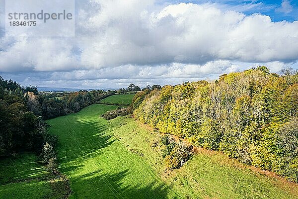 Wälder und Bauernhöfe über Berry Pomeroy  Devon  England  Großbritannien  Europa