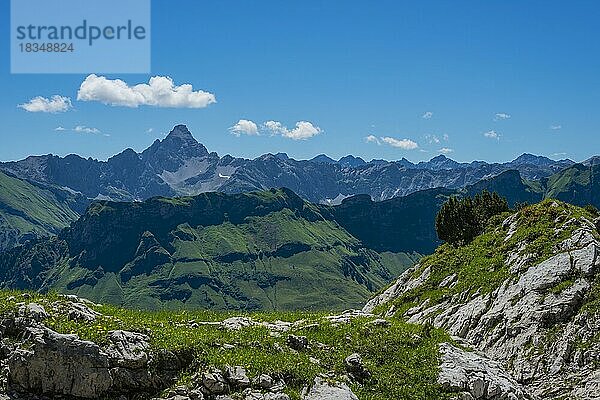 Koblat-Höhenweg am Nebelhorn  dahinter der Hochvogel  2592m  Allgäuer Alpen  Allgäu  Bayern  Deutschland  Europa