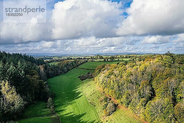 Wälder und Bauernhöfe über Berry Pomeroy  Devon  England  Großbritannien  Europa