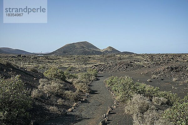 Blick auf Gebirgskette mit Vulkanen im Nationalpark Timanfaya  Lanzarote  Kanaren  Spanien  Europa