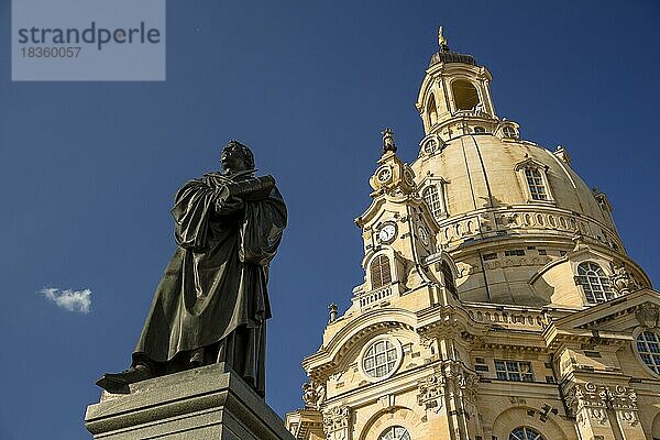 Martin Luther Denkmal  dahinter die Frauenkirche  Neumarkt  Dresden  Sachsen  Deutschland  Europa