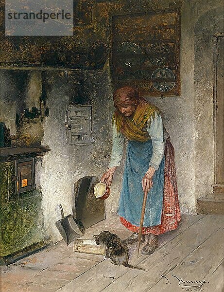 Milch für die Katze  alte Bauersfrau gibt ihrer Katze Milch  nach einem Gemälde von Johan Hamza  Schweiz  ca 1890  Historisch  digital restaurierte Reproduktion einer Vorlage aus dem 19. Jahrhundert  Europa