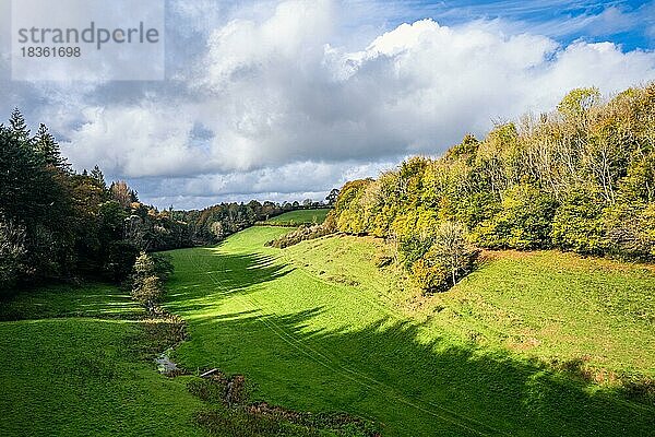 Wälder und Bauernhöfe über Berry Pomeroy  Devon  England  Großbritannien  Europa