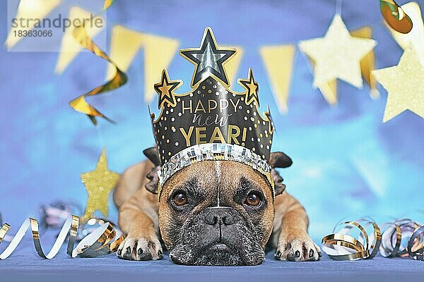 Neujahrsparty Französische Bulldogge  die eine Krone mit dem Text Frohes neues Jahr zwischen goldenen Luftschlangen auf blauem Hintergrund trägt