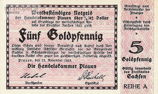 Notgeldschein der Handelskammer Plauen  5 Goldpfennig  1923  Deutschland  Historisch  digital restaurierte Reproduktion einer Vorlage aus dem 20. Jahrhundert  genaues Datum unbekannt  Europa