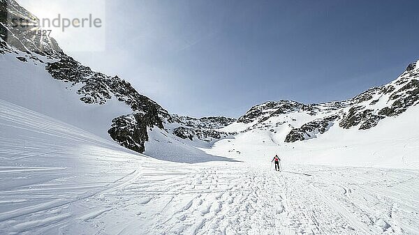 Skitourengeher in einem Hochtal  beim Aufstieg zum Sulzkogel  Sonnenstern  Kühtai  Stubaier Alpen  Tirol  Österreich  Europa