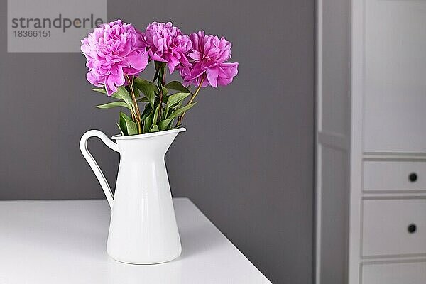 Rosa Bouquet von chinesischen Pfingstrose Blumen in weißen Vase auf dem Tisch vor grauem Hintergrund