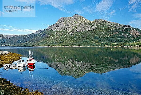 Kleine Fischerboote und steile Berge spiegeln sich im Wasser eines Natur-Hafens  Jektvik  FV 17  Kystriksveien  Nordland  Norwegen  Europa