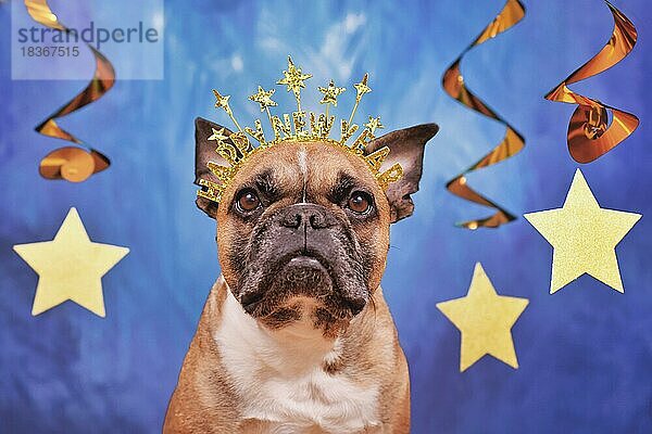 Französische Bulldogge trägt Silvesterparty-Stirnband mit Text Frohes neues Jahr vor blauem Hintergrund mit goldenen Girlanden