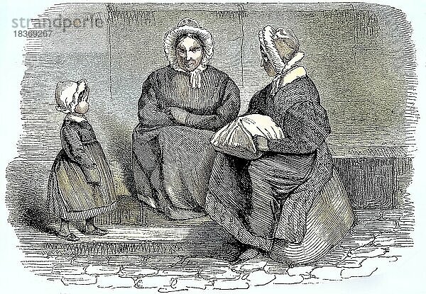 Zwei Frauen und ein Kind sitzen an der Straße  1880  Historisch  digital resturierte Reproduktion einer Vorlage aus dem 19. Jahrhundert