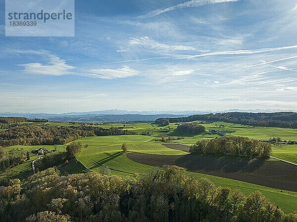 Hügelige Landschaft und Streusiedlung im Voralpengebiet bei Klingenzell  am Horizont die Schweizer Alpen mit dem Säntis  Kanton Thurgau  Schweiz  Europa