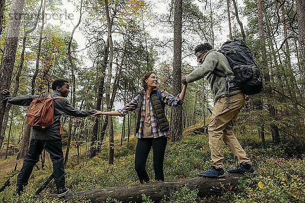 Glückliche Frau hilft Mann und Sohn beim Spaziergang auf einem Baumstamm im Wald
