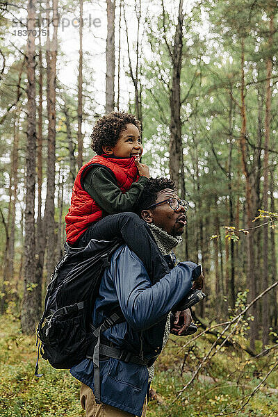Seitenansicht eines Vaters  der seinen Sohn auf der Schulter trägt  während er im Urlaub den Wald erkundet