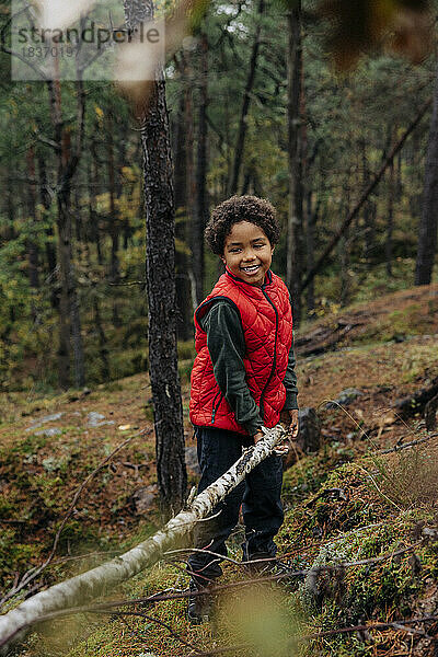 Lächelnder Junge im Grundschulalter  der im Wald stehend Brennholz aufhebt