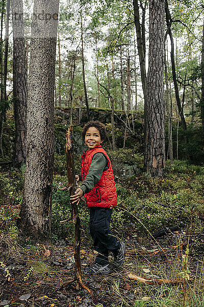 Seitenansicht eines Jungen  der wegschaut und Brennholz bei Bäumen im Wald hält