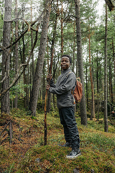 Porträt eines Jungen  der im Wald steht und einen Stock hält  während der Ferien