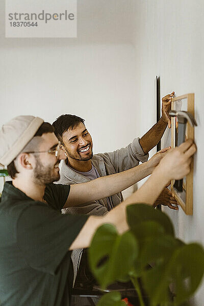 Glückliches schwules Paar  das sich gegenseitig hilft  während es zu Hause einen Rahmen an die Wand hängt