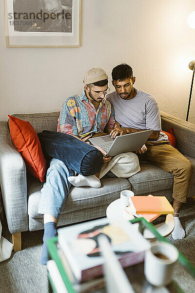 Homosexuelles Paar benutzt einen Laptop  während es zu Hause auf dem Sofa sitzt