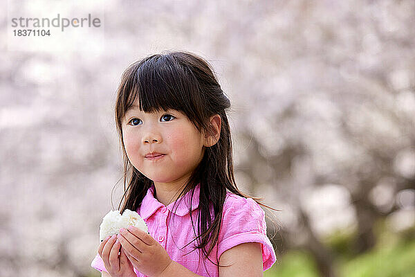 Japanisches Kinderporträt mit blühenden Kirschblüten