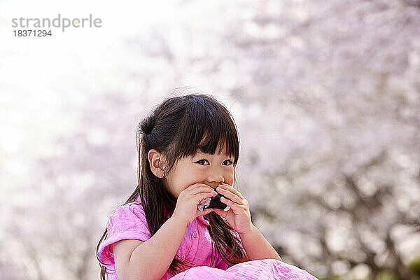 Japanisches Kinderporträt mit blühenden Kirschblüten