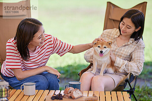 Junge japanische Frauen mit Hund auf dem Campingplatz