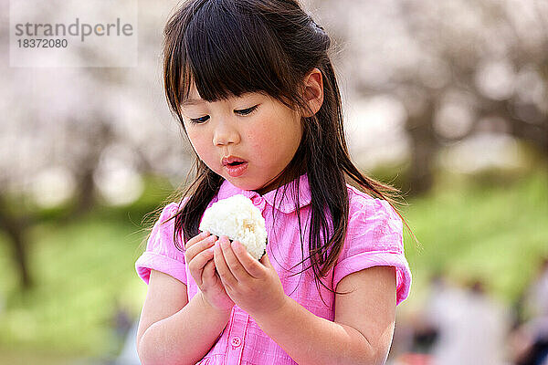 Japanisches Kinderporträt mit blühenden Kirschblüten