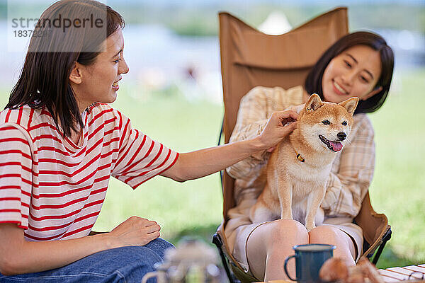 Junge japanische Frauen mit Hund auf dem Campingplatz