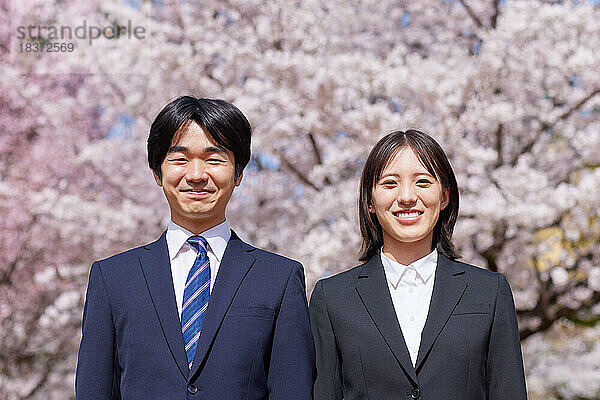 Japanische Erstsemester mit Kirschblüten in voller Blüte