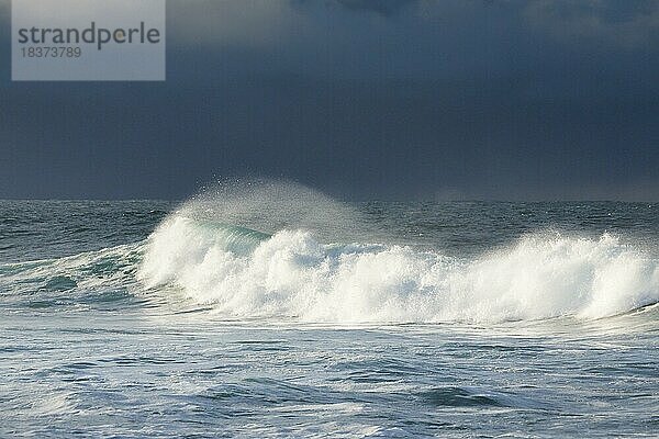 Welle bricht auf offenem Wasser der Nordsee vor stimmungsvollem Himmel  Helgoland  Deutschland  Europa