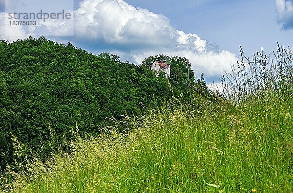 Landschaft der Schwäbischen Alb mit Ausblick zu Schloss Uhenfels bei Seeburg zwischen Bad Urach und Münsingen  Baden-Württemberg  Deutschland  Europa