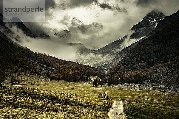 Wegkreuz mit Weg in herbstlicher Berglandschaft mit bedrohlichem Wolkenhimmel  Pfossental  Meran  Vinschgau  Südtirol  Italien  Europa